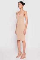 Womens Ribbed Knit Notch Neck Dress, Beige, Size XL
