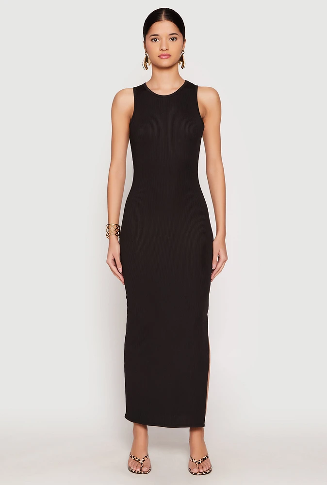Womens Ribbed Knit Side Slit Tank Maxi Dress, L