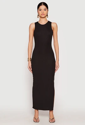 Womens Ribbed Knit Side Slit Tank Maxi Dress, L