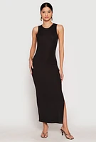 Womens Ribbed Knit Side Slit Tank Maxi Dress, L