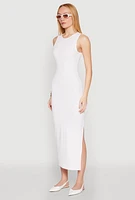 Womens Ribbed Knit Side Slit Tank Maxi Dress, White, Size M