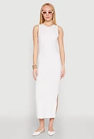 Womens Ribbed Knit Side Slit Tank Maxi Dress, White, Size M