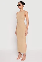 Womens Ribbed Knit Side Slit Tank Maxi Dress,