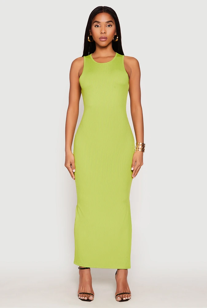 Womens Ribbed Knit Side Slit Tank Maxi Dress,