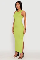 Womens Ribbed Knit Side Slit Tank Maxi Dress,