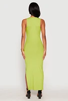 Womens Ribbed Knit Side Slit Tank Maxi Dress,