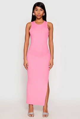 Womens Ribbed Knit Side Slit Tank Maxi Dress,