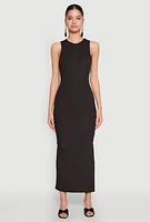 Womens Crew Neck Rib Knit Side Slit Maxi Dress,