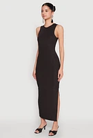 Womens Crew Neck Rib Knit Side Slit Maxi Dress,