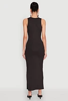 Womens Crew Neck Rib Knit Side Slit Maxi Dress,
