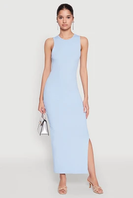 Womens Crew Neck Rib Knit Side Slit Maxi Dress,