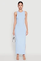 Womens Crew Neck Rib Knit Side Slit Maxi Dress,
