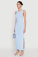 Womens Crew Neck Rib Knit Side Slit Maxi Dress,