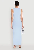Womens Crew Neck Rib Knit Side Slit Maxi Dress,