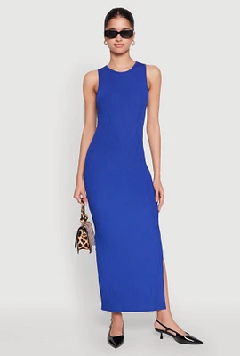 Womens Crew Neck Rib Knit Side Slit Maxi Dress,