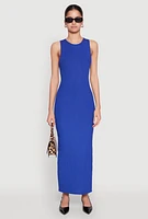 Womens Crew Neck Rib Knit Side Slit Maxi Dress,