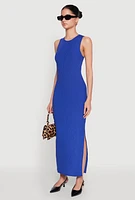 Womens Crew Neck Rib Knit Side Slit Maxi Dress,