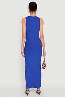 Womens Crew Neck Rib Knit Side Slit Maxi Dress,