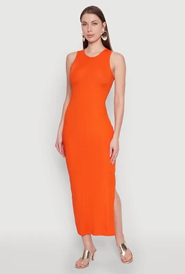 Womens Crew Neck Rib Knit Side Slit Maxi Dress,