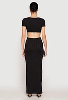 Womens Ribbed Knit O Ring Cut Out Maxi Dress,