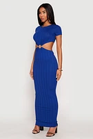 Womens Ribbed Knit O Ring Cut Out Maxi Dress, XL