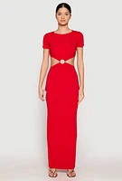 Womens Ribbed Knit O Ring Cut Out Maxi Dress, Red, Size M