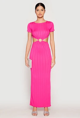 Womens Ribbed Knit O Ring Cut Out Maxi Dress,