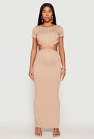 Womens Ribbed Knit O Ring Cut Out Maxi Dress,