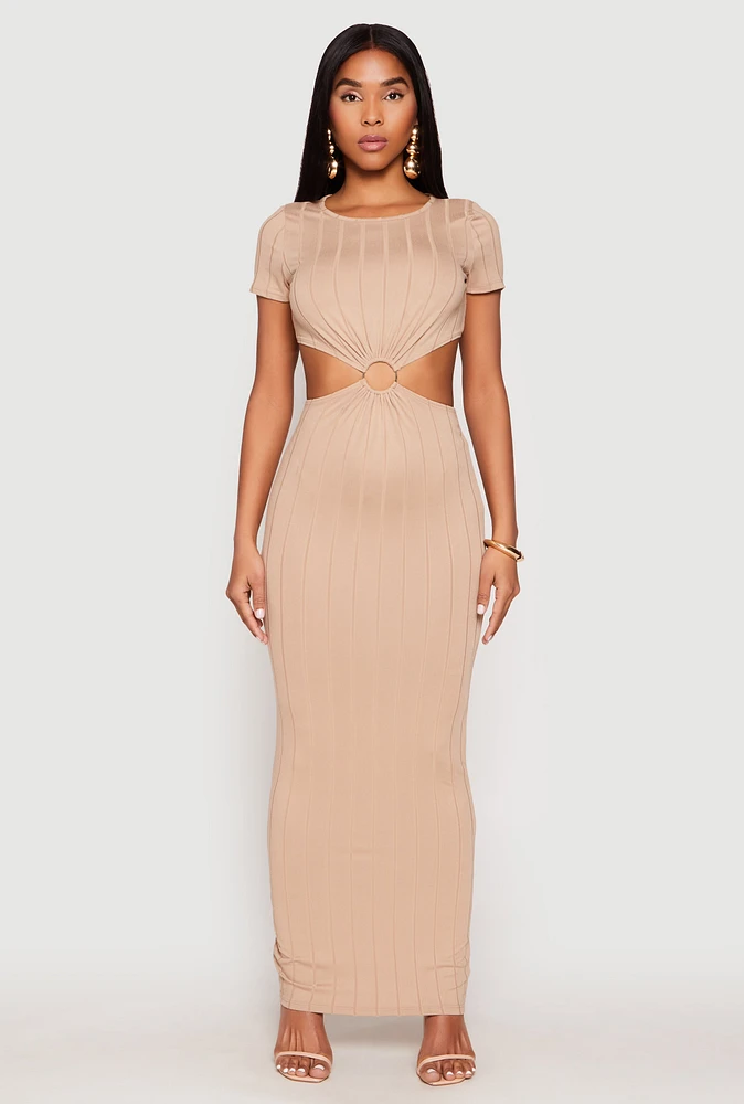 Womens Ribbed Knit O Ring Cut Out Maxi Dress, Beige, Size M