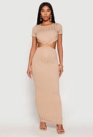 Womens Ribbed Knit O Ring Cut Out Maxi Dress,