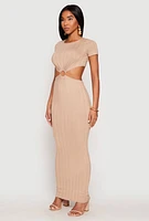 Womens Ribbed Knit O Ring Cut Out Maxi Dress,