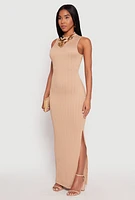 Womens Textured Knit Turtleneck Maxi Dress, Beige,