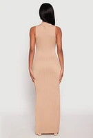 Womens Textured Knit Turtleneck Maxi Dress, Beige,
