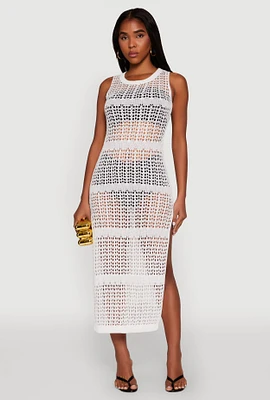 Womens Side Slit Crochet Midi Dress, White, Size S