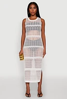 Womens Side Slit Crochet Midi Dress, White,