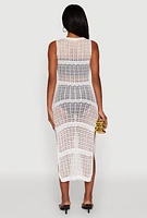 Womens Side Slit Crochet Midi Dress, White,