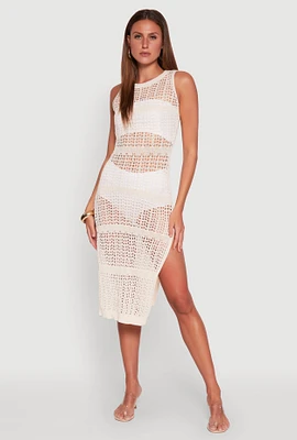 Womens Side Slit Crochet Midi Dress, White, Size M