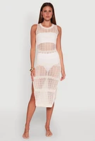 Womens Side Slit Crochet Midi Dress, White, Size M