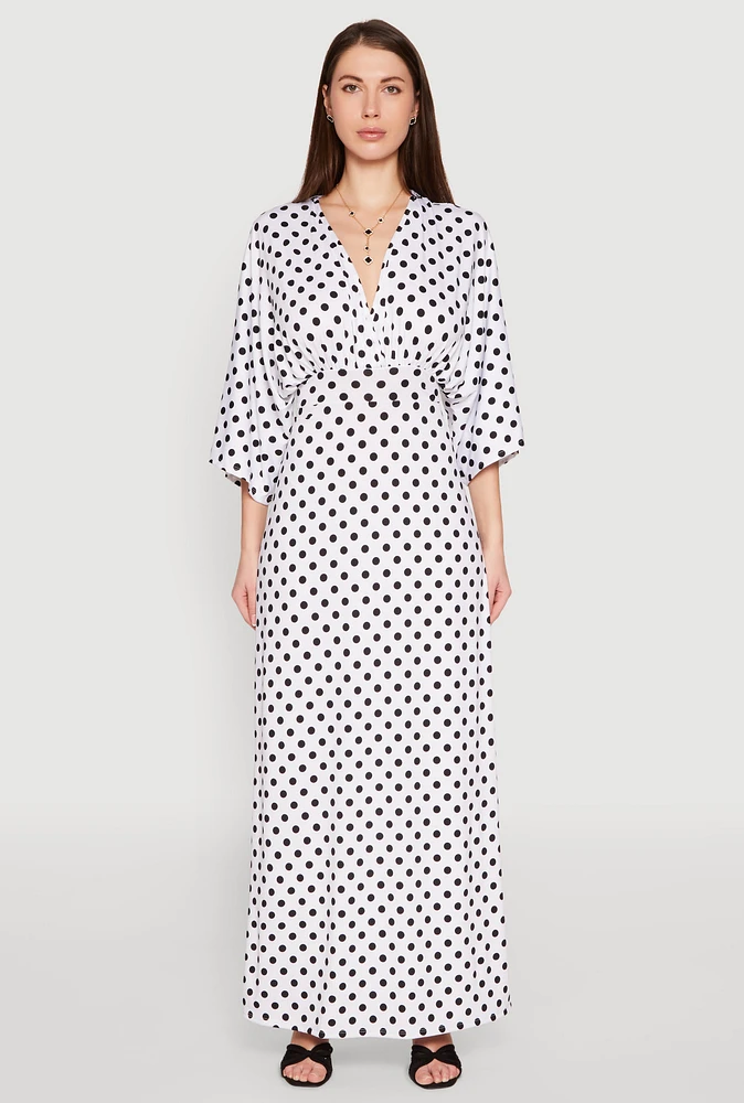 Womens Polka Dot Empire Waist Maxi Dress, White,