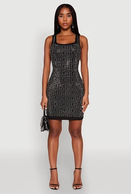 Womens Greek Key Rhinestone Mini Dress,