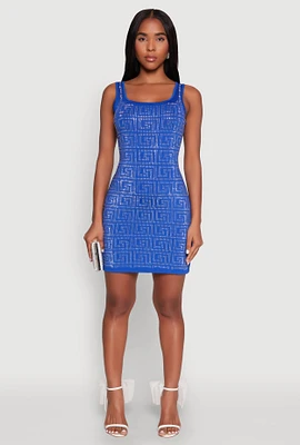 Womens Greek Key Rhinestone Mini Dress, Blue, Size S
