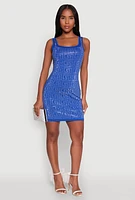 Womens Greek Key Rhinestone Mini Dress, Blue, Size S