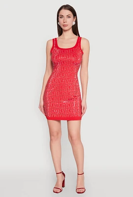 Womens Greek Key Rhinestone Mini Dress, Red, Size S
