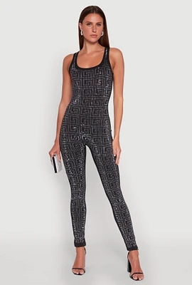 Womens Greek Key Rhinestone Catsuit, Black, Size S