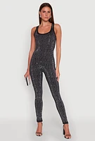 Womens Greek Key Rhinestone Catsuit, Black, Size S
