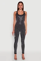 Womens Greek Key Rhinestone Catsuit, Black, Size S