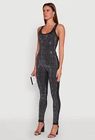 Womens Greek Key Rhinestone Catsuit, Black, Size S
