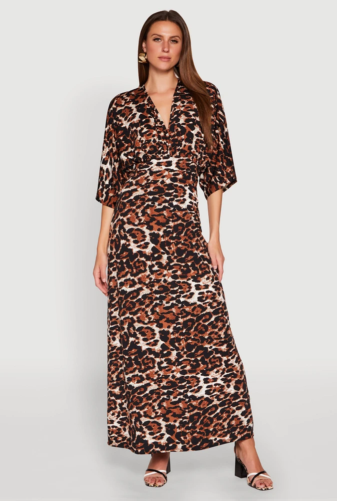 Womens Jaguar Print Empire Waist Maxi Dress, Brown, Size L