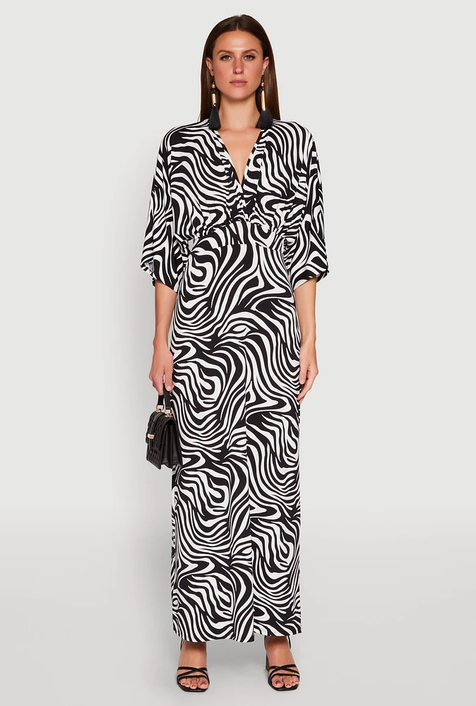 Womens Zebra Print Plunge Maxi Dress, Multi, Size S