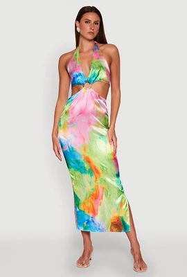 Womens Tie Dye Satin Keyhole Halter Maxi Dress, Multi, Size L